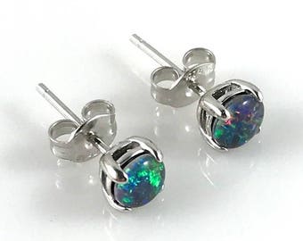 Genuine Australian  Opal Stud Earrings, Small Triplets 4x4mm, 18ct White Gold Plated 925 Sterling Silver, Lightning Ridge Jewelry, Jewellery