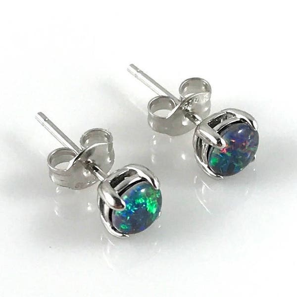 Genuine Australian  Opal Stud Earrings, Small Triplets 4x4mm, 18ct White Gold Plated 925 Sterling Silver, Lightning Ridge Jewelry, Jewellery