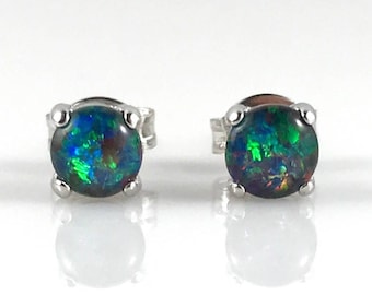 Genuine Australian Small Triplet Opal Stud Earrings 4x4mm, 18ct White Gold Plated 925 Sterling Silver, Lightning Ridge Jewelry, Jewellery