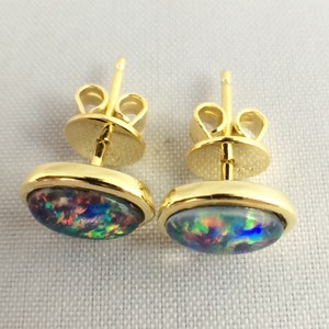 Australian Opal Stud Earrings Genuine Triplet 7x5mm, Twice 18ct Gold Plated 925 Sterling Silver, Certificate, Jewelry, Lightning Ridge Opals