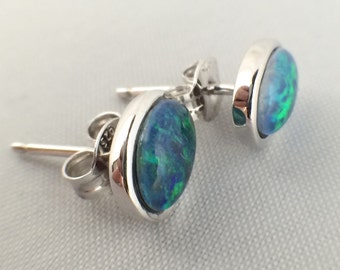 Opal Stud Earrings Jewelry, Genuine Australian Triplet 7x5mm, Rhodium Plated 925 Sterling Silver, Certificate, Jewellery, Jewelry