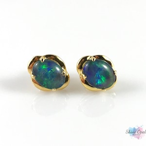 Genuine Australian Gold Opal Stud Earrings 9x7mm 18ct Gold Plated 925 Sterling Silver with Certificate and Jewelry Box, Opal Jewellery
