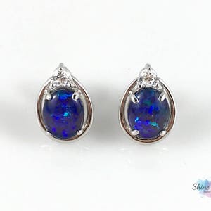 Genuine Australian Opal Large Stud Earrings 9x7mm 925 Sterling Silver with Cubic Zirconia, Opal Jewelry, Jewellery, Lightning Ridge