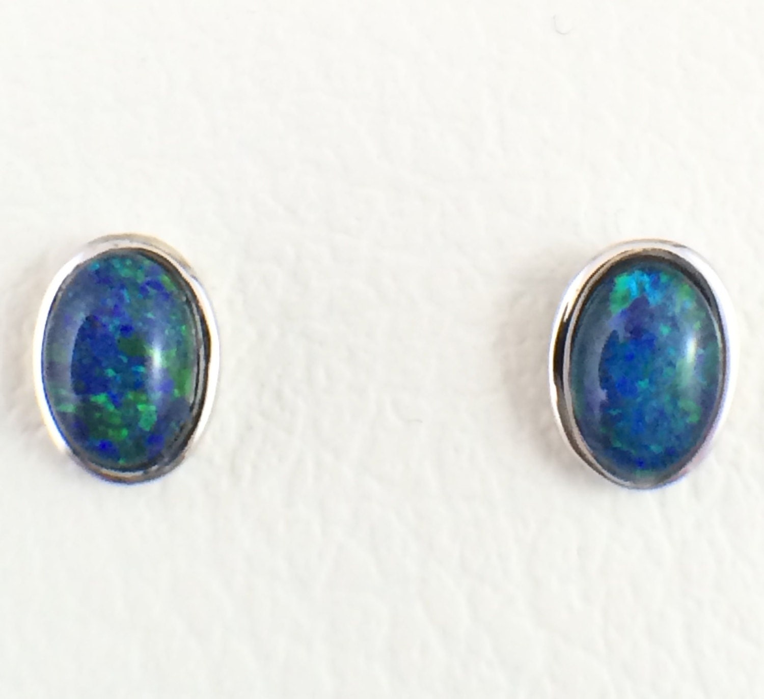 Opal Stud Earrings, Genuine Australian Triplet Jewelry 7x5mm, 18ct White Gold Plated, 925 Sterling Silver, Chain and Certificate, Jewellery