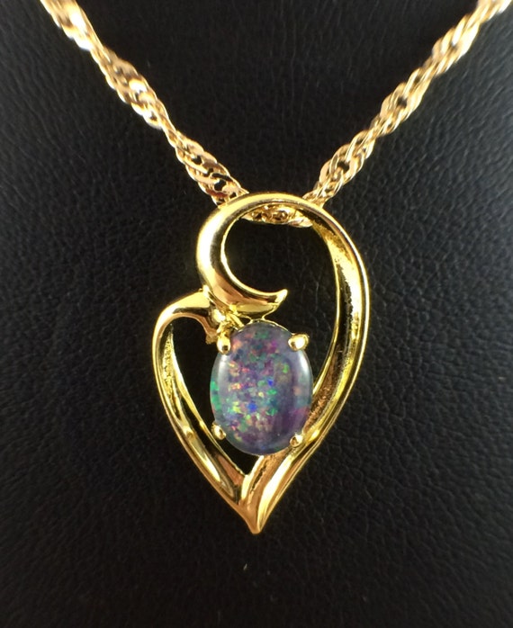 Collier Pendentif Triple Coeur Opale Australienne — Plaqué Or 18K, Argent 925, 45 Cm, Neuf