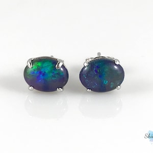 Australian Genuine Silver Opal Large Stud Earrings 9x7mm 925 Sterling Silver with Box and Certificate, Lightning Ridge Jewelry, Jewellery