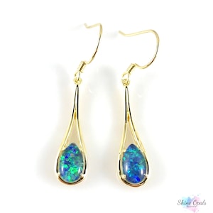 Genuine Australian Opal Earrings 8x6mm Dangle Drop 18ct Gold Plated 925 Sterling Silver, Certificate, Jewelry, Gift, Jewellery, Tear Drop
