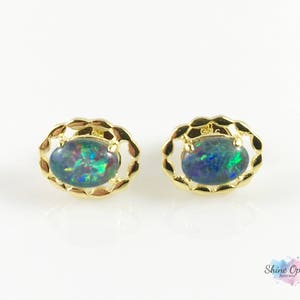 Genuine Australian Gold Opal Stud Earrings 7x5mm 18ct Gold Plated 925 Sterling Silver w Cert + Jewelry Box, Lightning Ridge Opal, Jewellery