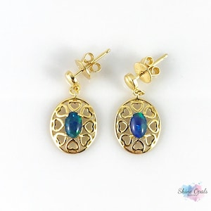 Genuine Australian Gold Opal Drop Dangle Earrings 6x4mm 18ct Gold Plated 925 Sterling Silver w Certificate and Jewelry Box, Jewellery