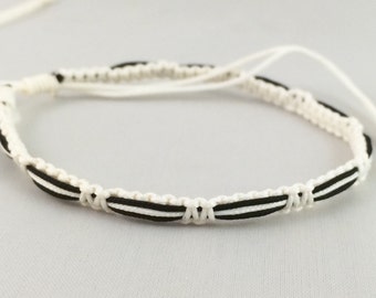 White and Black Waxed Cotton Friendship Bracelet Anklet Wristband / White Black / Mens Womens Kids Surf