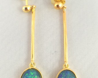 Opal Drop Earrings Jewelry Genuine Australian Large Dangle Triplet 9x7mm, Twice 18ct Gold Plated 925 Sterling Silver with Certificate