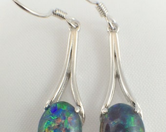 Genuine Opal Earrings Jewelry, Drop, Dangle Australian Triplet 8x6mm, 18ct White Gold Plated, 925 Sterling Silver, Certificate, Jewellery