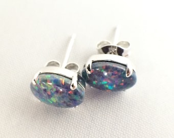 Australian Opal Stud Earrings Genuine Triplet 9x7mm Claw Setting, 18ct White Gold Plated, 925 Sterling Silver, Certificate, Opal Jewelry