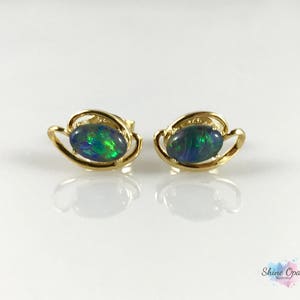 Genuine Australian Small Gold Opal Twirl Stud Earrings 6x4mm 18ct Gold Plated 925 Sterling Silver with Jewelry Box and Certificate
