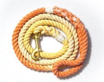 May include: A multi-colored rope dog leash with a gold metal clip. The leash is made of three colors of rope: orange, yellow, and white.