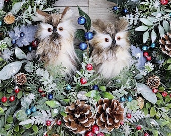 Rustic Owl Wreath: Christmas Winter/All Year Pine Cones & Berries Handcrafted Owls 23 Inches