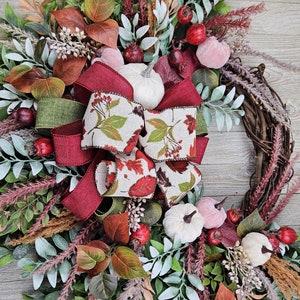 Fall Velvet Pumpkin Berry Wreath 23 Inch Outdoor Indoor Grapevine Front Door Wall Pampas Burgundy Mauve/Pink Cream Rust Ready To Ship Gift afbeelding 1