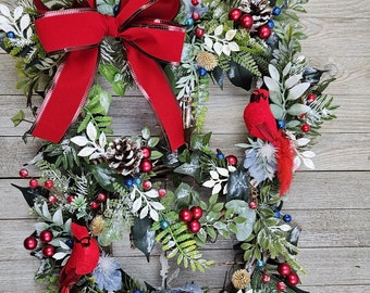 Cardinal Winter or All Yr Wreath Outdoor Indoor 16 X 20 Pine Cones Eucalyptus Lambs Ear Dusty Miller Ivy Snow Ice Berries Gift Handmade Orig