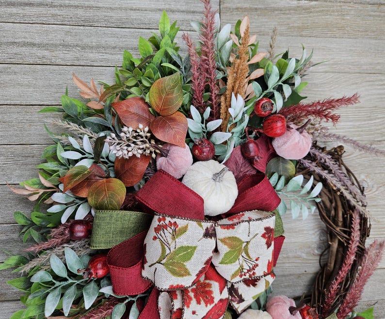 Fall Velvet Pumpkin Berry Wreath 23 Inch Outdoor Indoor Grapevine Front Door Wall Pampas Burgundy Mauve/Pink Cream Rust Ready To Ship Gift afbeelding 4