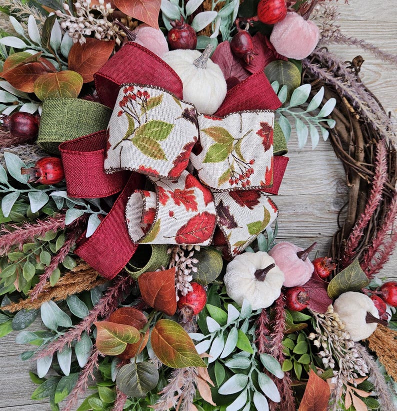 Fall Velvet Pumpkin Berry Wreath 23 Inch Outdoor Indoor Grapevine Front Door Wall Pampas Burgundy Mauve/Pink Cream Rust Ready To Ship Gift afbeelding 9