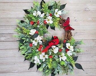 Cardinal Dogwood Butterfly Wreath Outdoor Indoor Front Door Wall 17 X 20 Spring Summer Year Round Ferns Ivy Gift Mom Grandma Dad Grandpa Son