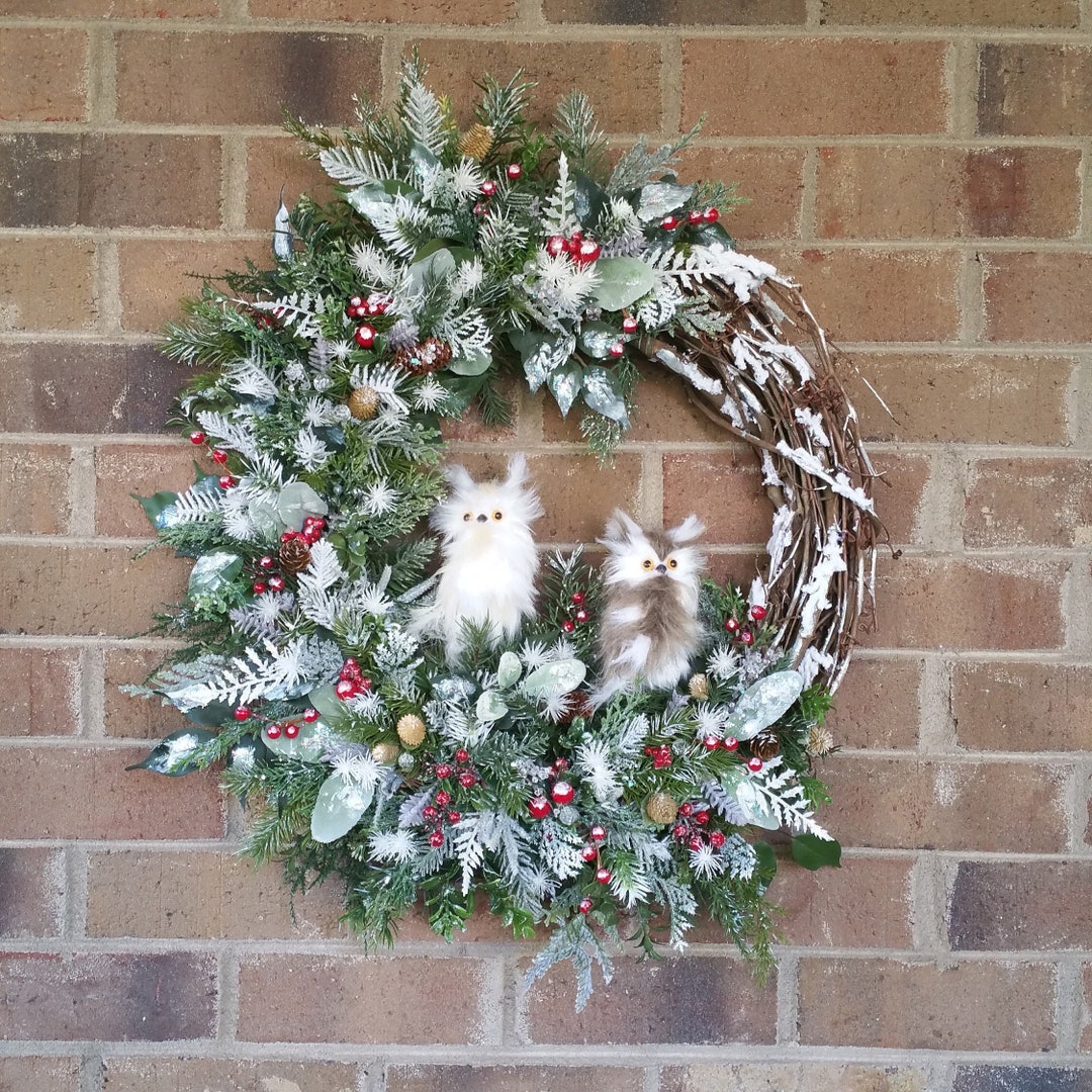 Owl Winter Wreath Gift Handmade Original Red Berries Snowy - Etsy
