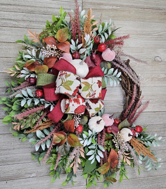 Fall Velvet Pumpkin Berry Wreath 23 Inch Outdoor Indoor Grapevine Front Door Wall Pampas Burgundy Mauve/Pink Cream Rust Ready To Ship Gift