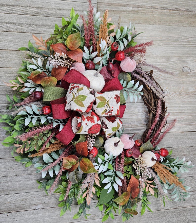 Fall Velvet Pumpkin Berry Wreath 23 Inch Outdoor Indoor Grapevine Front Door Wall Pampas Burgundy Mauve/Pink Cream Rust Ready To Ship Gift afbeelding 1