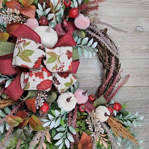 Fall Velvet Pumpkin Berry Wreath 23 Inch Outdoor Indoor Grapevine Front Door Wall Pampas Burgundy Mauve/Pink Cream Rust Ready To Ship Gift afbeelding 3