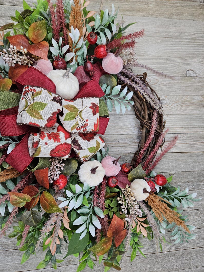 Fall Velvet Pumpkin Berry Wreath 23 Inch Outdoor Indoor Grapevine Front Door Wall Pampas Burgundy Mauve/Pink Cream Rust Ready To Ship Gift afbeelding 3
