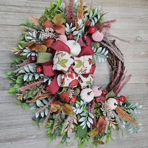 Fall Velvet Pumpkin Berry Wreath 23 Inch Outdoor Indoor Grapevine Front Door Wall Pampas Burgundy Mauve/Pink Cream Rust Ready To Ship Gift afbeelding 10