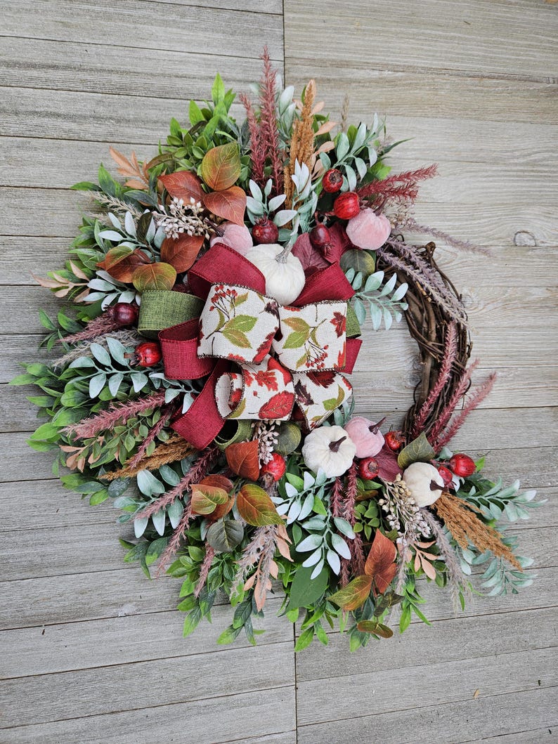 Fall Velvet Pumpkin Berry Wreath 23 Inch Outdoor Indoor Grapevine Front Door Wall Pampas Burgundy Mauve/Pink Cream Rust Ready To Ship Gift afbeelding 10