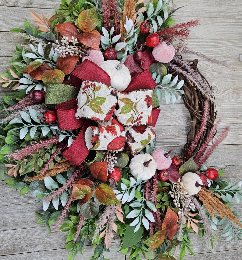 Fall Velvet Pumpkin Berry Wreath 23 Inch Outdoor Indoor Grapevine Front Door Wall Pampas Burgundy Mauve/Pink Cream Rust Ready To Ship Gift afbeelding 6