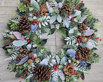 Winter Pine Cone Wreath: 22 inches Berry  Lambs Ear Eucalyptus Door Decor