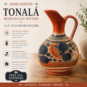 Large Tonala Mexican Burnished Clay Pottery Jug with Hand Painted Birds & Leaves – 14.5" Tall