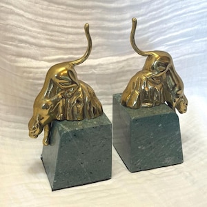 Mid-Century Brass Panther & Marble Bookends – Vintage Green Marble Book Ends – Sculptural Jungle Cat Decor