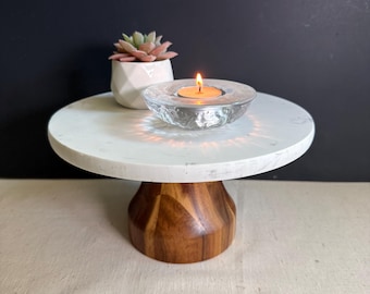 Marble & Wood Cake Stand | Modern Pedestal Dessert Display | Kitchen Counter Styling | Farmhouse Serving Tray