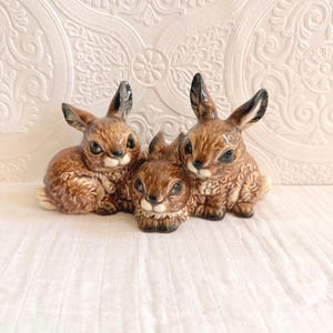 May include: A grouping of three brown ceramic bunny figurines. The bunnies are huddled together, with detailed fur texture and black eyes. The ears are upright, and the overall design is a decorative, vintage style.