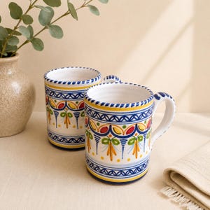 Pair of Hand Painted Spanish Pottery Mugs | De La Cal Family Puente del Arzobispo | Colorful Ceramic Coffee Cups | Folk Art Kitchen Decor
