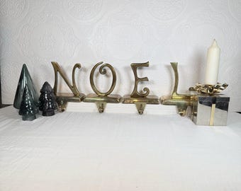 Vintage Brass NOEL Stocking Holders Set, Christmas Mantel Hooks, Early Holiday Decor, Heavy Brass Stocking Hangers Set of 4