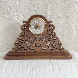 Vintage Wooden Fretwork Mantel Clock, Victorian Scrollwork, Cottagecore Décor
