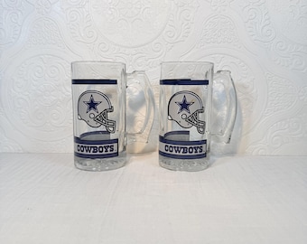 Vintage Dallas Cowboys Glass Beer Mug Set of 2 | Hand Painted NFL Football Mugs | Cowboys Fan Gift | Sports Barware | Collectible Pair