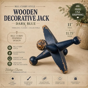 Vintage Bill Curry Style Wooden Decorative Jack Sculpture | Dark Blue Distressed Wood | Mid Century Modern Table Decor