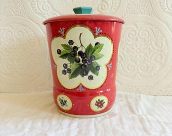 Vintage Red Tin Canister with Lid Holiday Berry Acorn Design Christmas Kitchen Storage Cottagecore Decor Metal Container