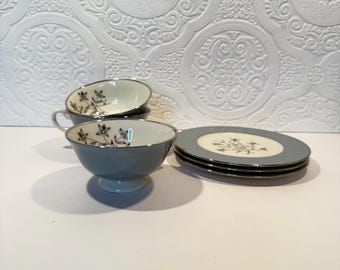 Vintage Lenox Kingsley Footed Teacups or Bread Plates – Teal, Cream with Gold Rim
