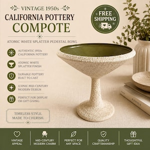 May include: A vintage 1950s California pottery compote featuring an atomic white splatter finish on the exterior pedestal base and a smooth, deep olive green interior bowl. The pedestal bowl has a textured, speckled surface throughout.