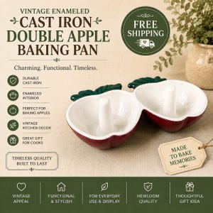 May include: A double apple-shaped baking pan made of enameled cast iron. The exterior is a deep red color with green leaf accents at the top. The interior is white and features two central vertical posts for baking. A tag reads Made to Bake Memories.