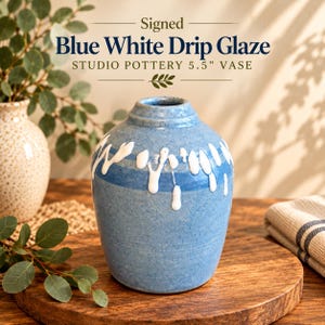 Vintage Signed Studio Pottery Vase | Blue White Drip Glaze Art Pottery | Handmade Ceramic 5.5 Inch Bud Vase