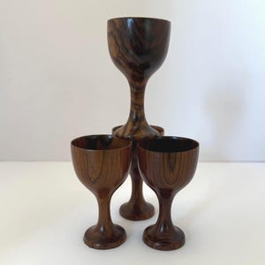 Vintage Wooden Goblet Set: Hand-Turned Mini Chalice Cups, Mid-Century Barware
