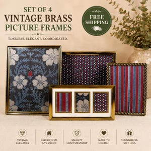 May include: A set of four brass picture frames with metallic gold finishes. One large vertical frame features a dark floral pattern, a horizontal frame holds three small images, and two frames display red, white, and blue striped or geometric patterns.